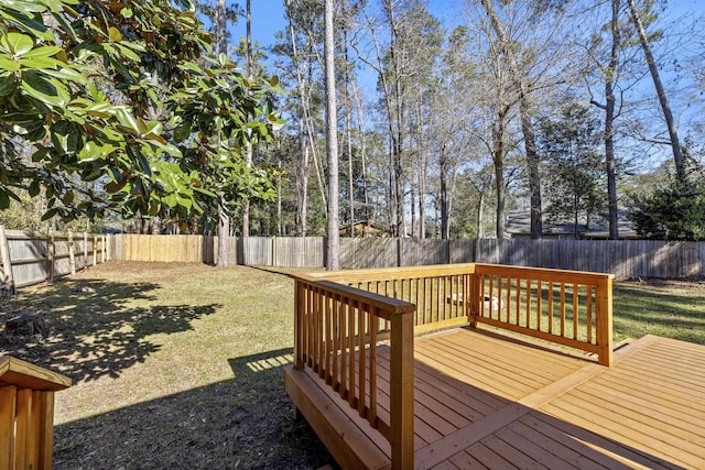 wooden terrace with a fenced backyard and a lawn