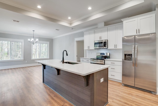 kitchen with white cabinets, decorative light fixtures, stainless steel appliances, sink, and a center island with sink