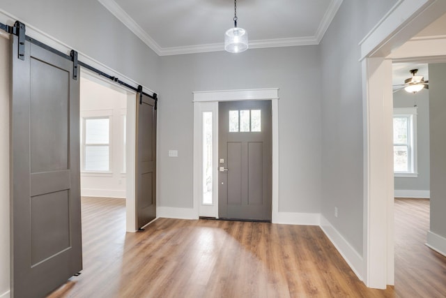 foyer featuring ornamental molding, plenty of natural light, and a barn door