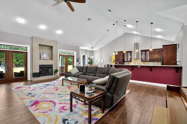 459 Oakwood Trl, Crawfordville, FL 32327 - living room featuring french doors, dark wood-style floors, ceiling fan, high vaulted ceiling, and recessed lighting
