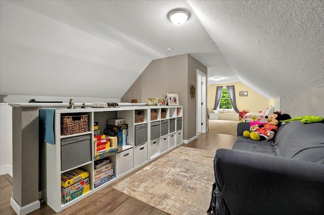 459 Oakwood Trl, Crawfordville, FL 32327 - rec room featuring wood finished floors, lofted ceiling, and a textured ceiling