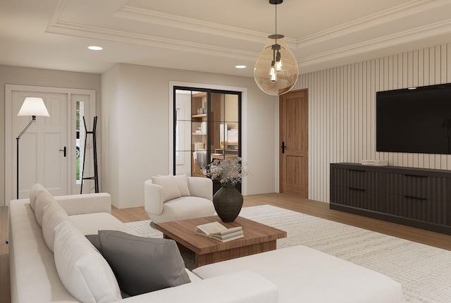 606 Hampton Ave, Tallahassee, FL 32310 - living room featuring ornamental molding, a tray ceiling, recessed lighting, and wood finished floors