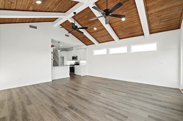 8372 Bull Headley Rd, Tallahassee, FL 32312 - unfurnished living room featuring wooden ceiling with exposed beams, a ceiling fan, stairway, healthy amount of natural light, and wood finished floors