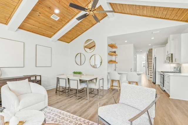 8372 Bull Headley Rd, Tallahassee, FL 32312 - living area featuring wood ceiling with exposed beams, ceiling fan, light wood-type flooring, baseboards, and high vaulted ceiling