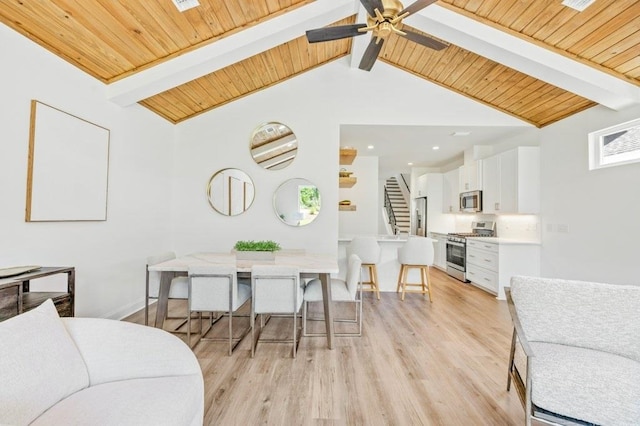 8372 Bull Headley Rd, Tallahassee, FL 32312 - living room with light wood-style flooring, wooden ceiling with exposed beams, recessed lighting, high vaulted ceiling, and ceiling fan