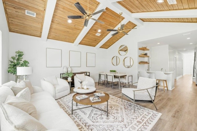 8372 Bull Headley Rd, Tallahassee, FL 32312 - living area featuring wooden ceiling with exposed beams, a ceiling fan, wood finished floors, recessed lighting, and baseboards