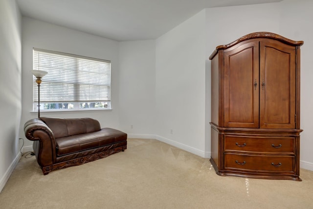 sitting room featuring light carpet