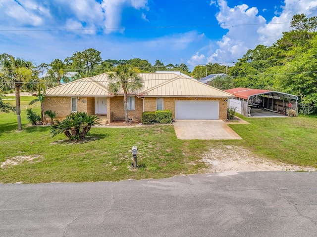 ranch-style house with a carport, a garage, and a front lawn