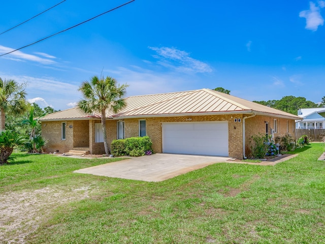 ranch-style home with a garage and a front yard