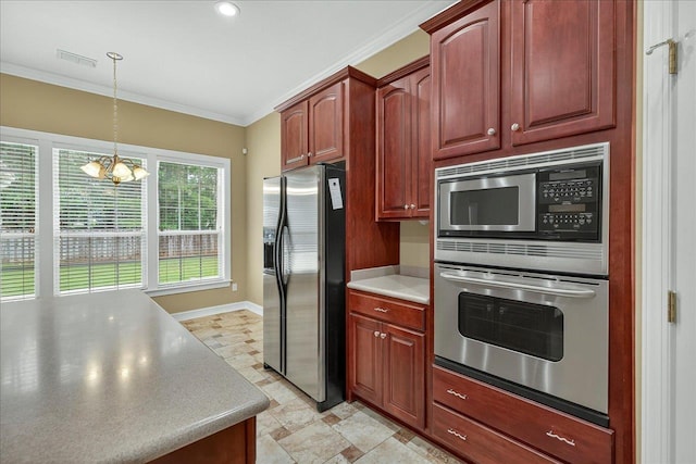 5127 Wild Rose Way, Tallahassee, FL 32312 - kitchen with appliances with stainless steel finishes, a chandelier, ornamental molding, hanging light fixtures, and light countertops