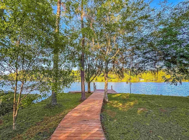 dock area with a yard and a water view