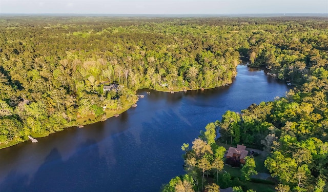 birds eye view of property with a wooded view and a water view