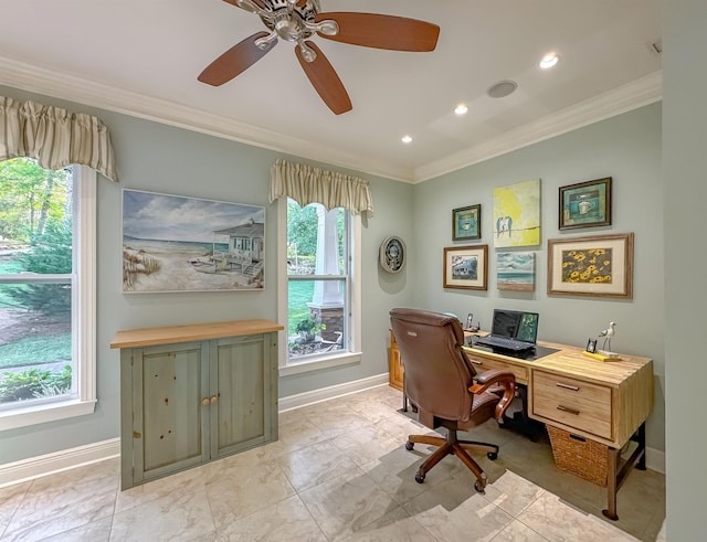 home office with crown molding, ceiling fan, baseboards, and recessed lighting