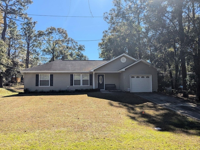 ranch-style house with a front yard and a garage