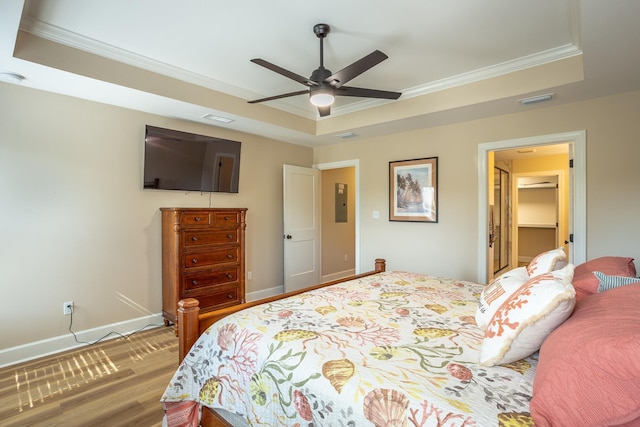 bedroom with a spacious closet, ornamental molding, a raised ceiling, ceiling fan, and hardwood / wood-style floors