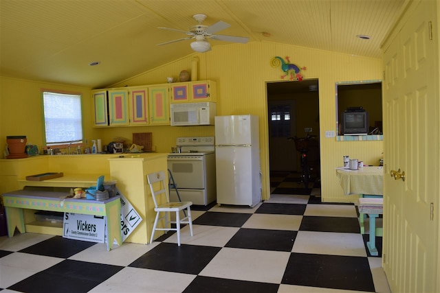 kitchen featuring ceiling fan, white appliances, and lofted ceiling