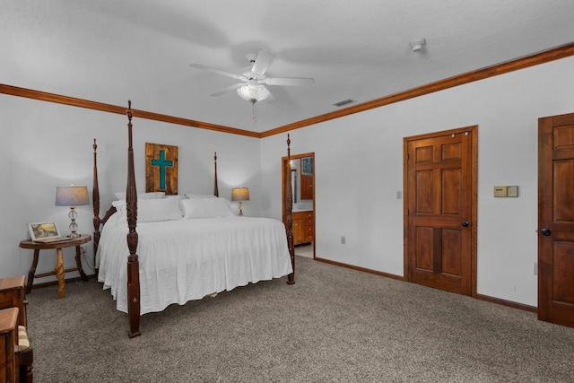 bedroom featuring ornamental molding, carpet flooring, and ceiling fan