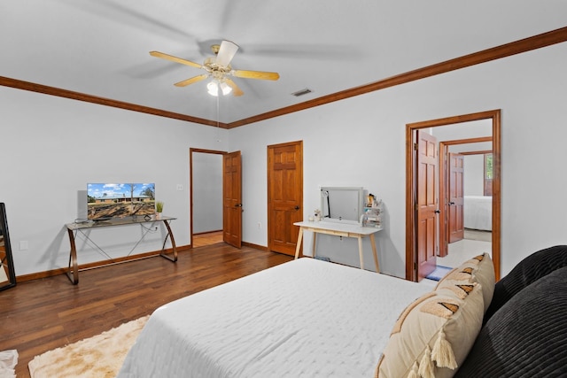 bedroom with dark hardwood / wood-style flooring, ceiling fan, and crown molding