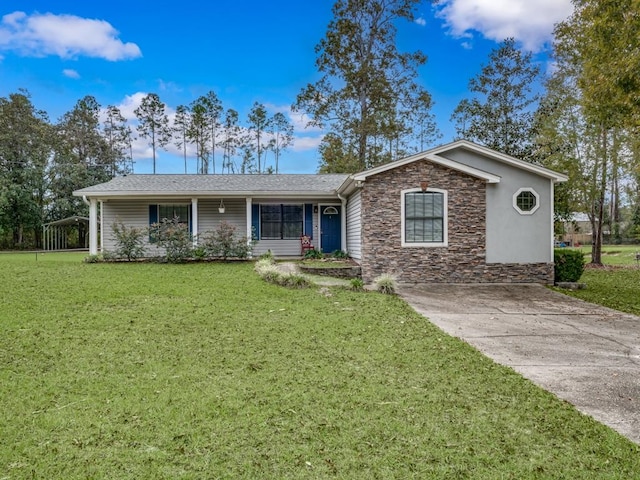 single story home with a carport and a front lawn