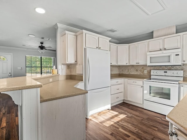 kitchen featuring kitchen peninsula, white cabinets, dark hardwood / wood-style floors, and white appliances