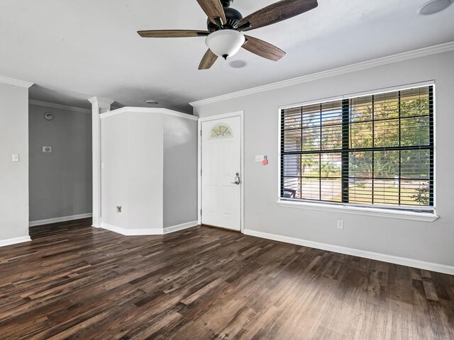 interior space with ceiling fan, dark hardwood / wood-style flooring, and ornamental molding