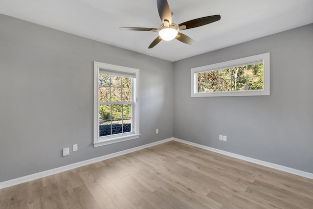 empty room featuring ceiling fan and light hardwood / wood-style flooring