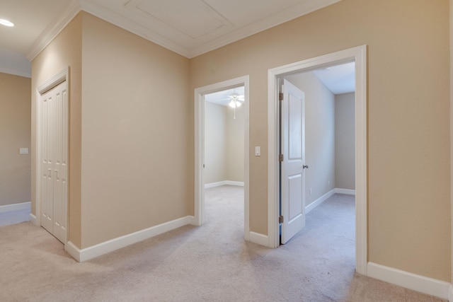 3283 Gramercy Pl, Tallahassee, FL 32308 - corridor with ornamental molding, light colored carpet, and attic access