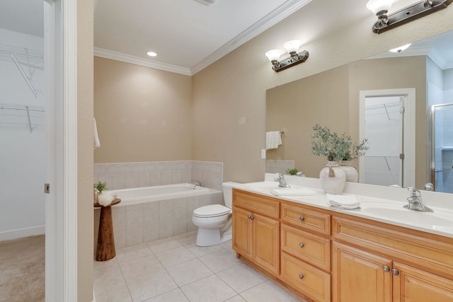 3283 Gramercy Pl, Tallahassee, FL 32308 - bathroom featuring double vanity, a garden tub, ornamental molding, a spacious closet, and tile patterned flooring