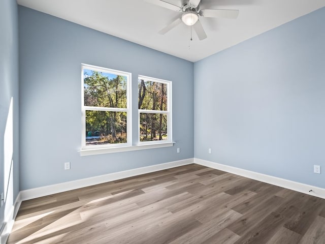 empty room featuring wood-type flooring and ceiling fan