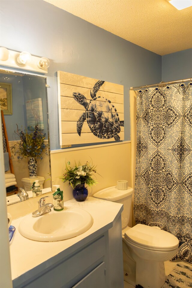 bathroom featuring toilet, vanity, a textured ceiling, and a shower with shower curtain