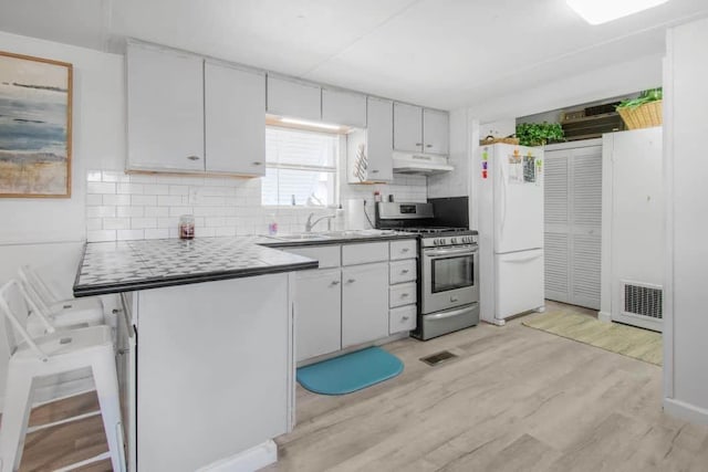 1405 SE 2nd Ave, Steinhatchee, FL 32359 - kitchen with gas stove, freestanding refrigerator, under cabinet range hood, light wood-style floors, and tasteful backsplash