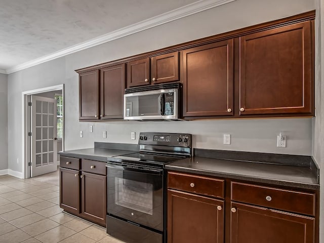 kitchen featuring ornamental molding, black electric range oven, light tile patterned flooring, and dark brown cabinets