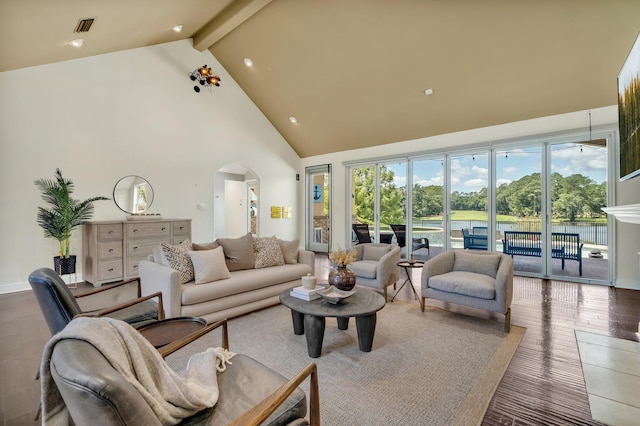 living room with high vaulted ceiling, hardwood / wood-style floors, and beam ceiling