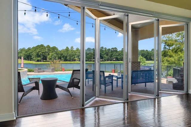 entryway featuring wood-type flooring and a water view