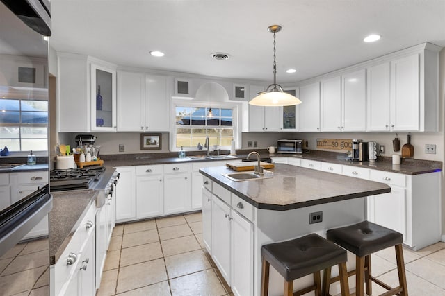 kitchen with sink, an island with sink, and white cabinets