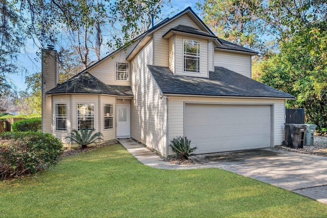 view of property featuring a front lawn and a garage