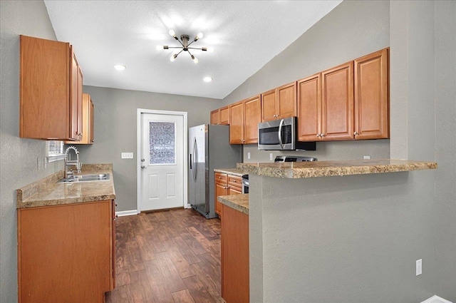 3974 Paeonia Ct, Tallahassee, FL 32305 - kitchen with a sink, stainless steel appliances, dark wood-style floors, a peninsula, and lofted ceiling