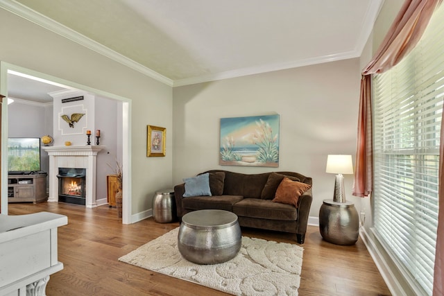 438 Meadow Ridge Dr, Tallahassee, FL 32312 - living area with ornamental molding, wood finished floors, and a tiled fireplace