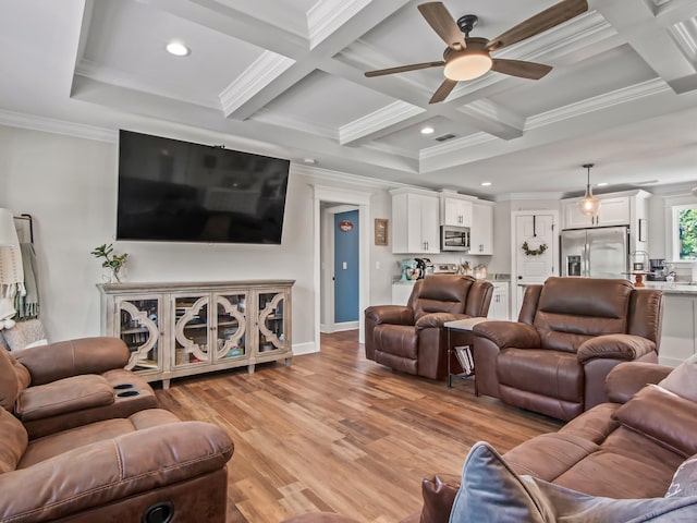103 Pan Cera Dr, Crawfordville, FL 32327 - living area featuring a ceiling fan, ornamental molding, coffered ceiling, recessed lighting, and light wood finished floors
