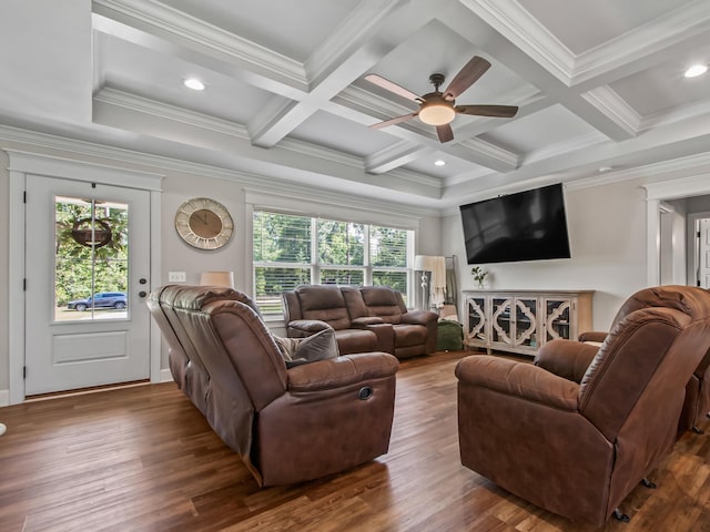 103 Pan Cera Dr, Crawfordville, FL 32327 - living room featuring crown molding, a ceiling fan, beamed ceiling, coffered ceiling, and wood finished floors