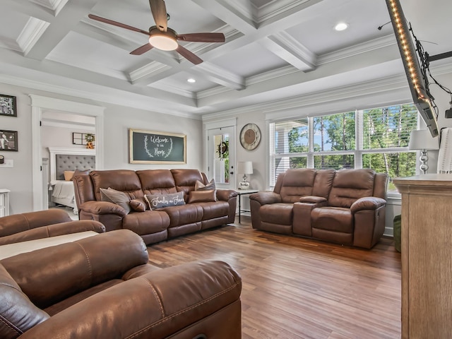 103 Pan Cera Dr, Crawfordville, FL 32327 - living room featuring ceiling fan, wood finished floors, ornamental molding, coffered ceiling, and beam ceiling