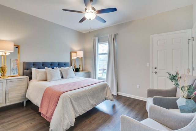 bedroom with dark wood-type flooring and ceiling fan