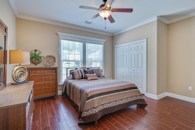 2605 Antietam Trl, Tallahassee, FL 32312 - bedroom with dark wood-style floors, a closet, baseboards, ornamental molding, and a ceiling fan