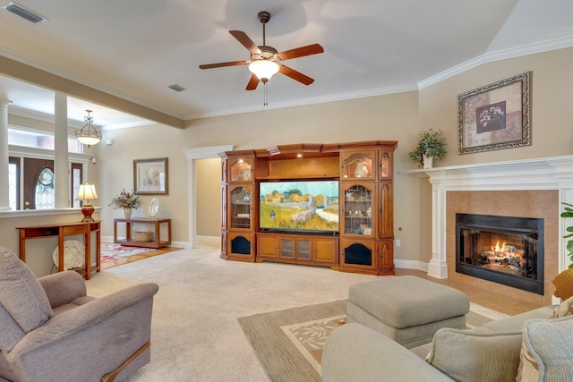 2605 Antietam Trl, Tallahassee, FL 32312 - living room with ceiling fan, ornamental molding, a fireplace, light colored carpet, and baseboards