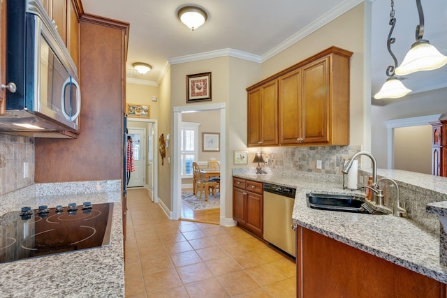 2605 Antietam Trl, Tallahassee, FL 32312 - kitchen with stainless steel appliances, a sink, ornamental molding, light tile patterned floors, and tasteful backsplash