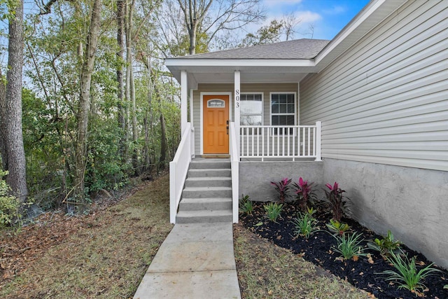 doorway to property featuring covered porch and roof with shingles