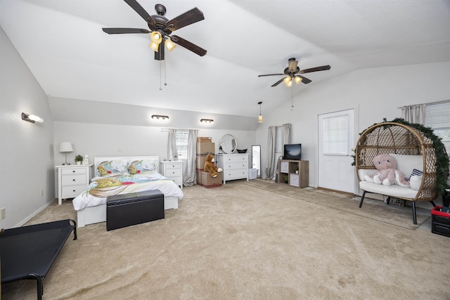 carpeted bedroom with ceiling fan and lofted ceiling