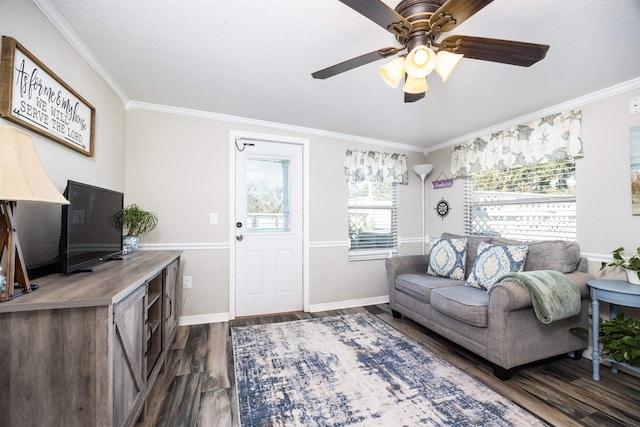 living room featuring dark hardwood / wood-style floors, ceiling fan, and ornamental molding