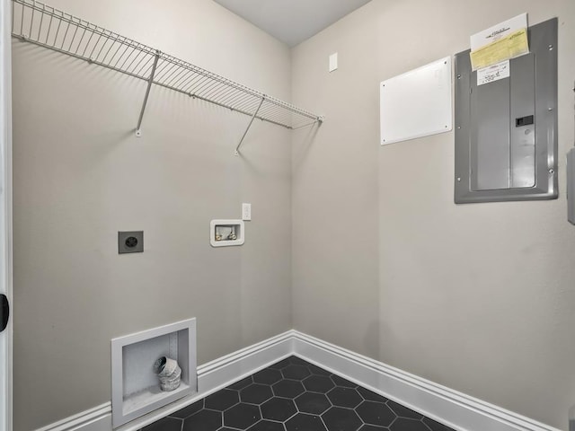 laundry room with electric dryer hookup, hookup for a washing machine, and electric panel