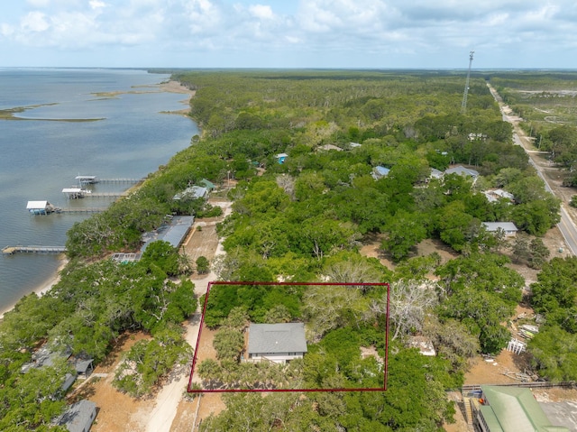 627 Mariner Cir, Alligator Point, FL 32346 - view of property location featuring a large body of water, property boundaries highlighted, and a heavily wooded area